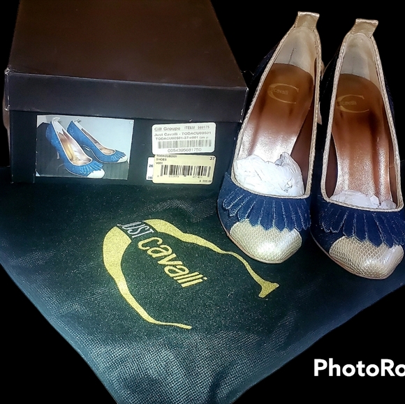 Roberto Cavalli (Just Cavalli) High-Heels; size 37; Denim/Snake:RARE - Picture 2 of 7